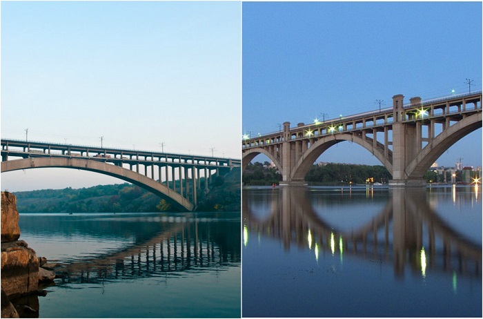 Два моста над Днепром, соединяющие левый и правый берег Запорожья через о-в Хортица.
